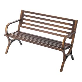 Outdoor Bench, 50 inch, Carbon Steel Metal Frame with Slatted Pattern Backrest and Round Edge Armrests, Weatherproof Outside Bench for Patio, Gar