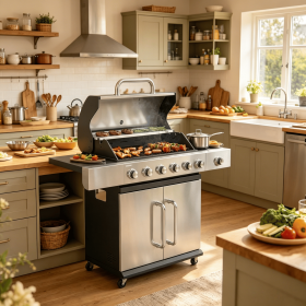 6 Burner Propane Gas Grill with Side Burner BBQ Grill Cast Iron Grates Wheels Side Tables Cabinet Outdoor Kitchen
