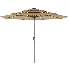 9.7 ft Outdoor Patio Umbrella with Solar LED Lights, 3 Tier Outdoor Table Umbrella with Tilt, Crank, Khaki