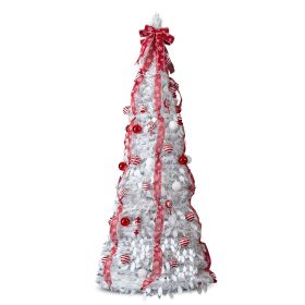 6 FT Fully Decorated Pre-lit Christmas Tree, Pop Up Artificial Xmas Tree with 100 Warm Lights and Red Ornaments for Home Office Store Holiday Dec