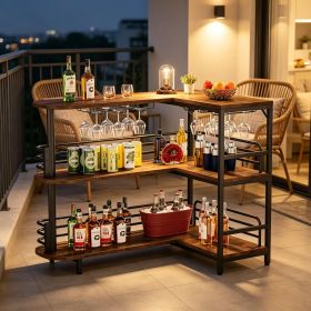3 Tier L-Shaped Bar Unit Liquor Bar Table with Wine Glasses Holder Home Pub Counter Corner Bar Shelf Storage Rack for Kitchen