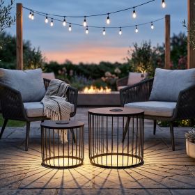2-Pack Solar Powered Nesting Side Table Set, Modern Round End Tables with Solar LED Lights, Metal Wire Cage Accent Tables