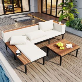 <Old SKU: N704G201251A>Luxury Patio Furniture Set with Removable Cushions and Coffee Table, L-Shaped Acacia Wood Sofa with Side table