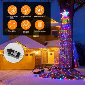 1Pc 11.48FT 350LED Multicolored Christmas Star Waterfall Tree String Light Indoor Outdoor Waterproof String Lights With Star Topper 8 Light Modes