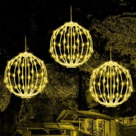 Set Of 3 Christmas Light Balls, 12 In Warm White Hanging Holiday Decor Fold Flat Metal Frames, Indoor Outdoor Use (Option: LIGHTS)