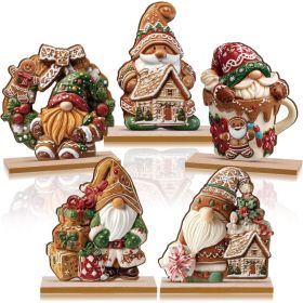 5 Pack Gingerbread Christmas Table Decorations, Wooden Gnome Centerpieces, Gingerbread Village Decor With Base For Home & Tray (Option: MULTI)