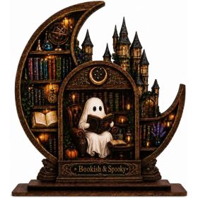Bookish Spooky Halloween Decor, Castle Bookshelf Scene With Reading Ghosts, Wooden Shelf Decoration For Cozy Library & Home (Option: MULTI)