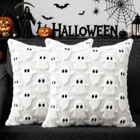 Halloween Decorations Outdoor Pillow Covers Set Of 2 White Ghost Throw Pillow Cases Soft Plush Faux Fur Wool Decorative Cushion Case For Sofa Cou (Option: White)