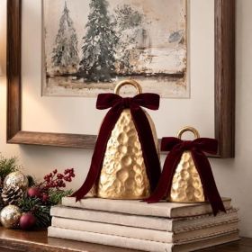 Gold Resin Cow Bell Statues With Velvet Ribbon, Decorative Christmas Bell Ornaments For Tabletop, Mantel, Shelf, And Holiday Home Decor (Option: Gold)
