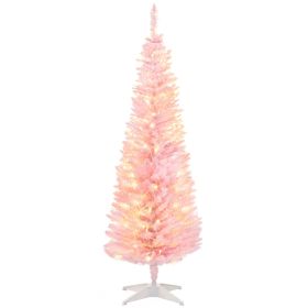 5ft Pencil Christmas Tree, Slim Artificial Christmas Tree with Realistic Branches and Warm White LED Lights, Pink (Option: Pink-880x150x160 mm)