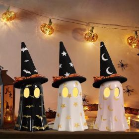 Halloween Decorations Indoor, Set of 3 Ceramic Ghosts with Witch Hats, Cute Spooky Halloween Ghost Figurines for Mantel, Shelf & Tabletop Decor (Option: Yellow)