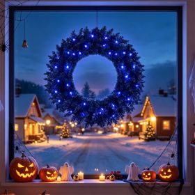 24in Black Pre-Lit Christmas Wreath, 179 Branch Tips, 35 Purple LED Lights, IP44 Timer, Gothic Halloween Holiday Door Decor (Option: 72641917)