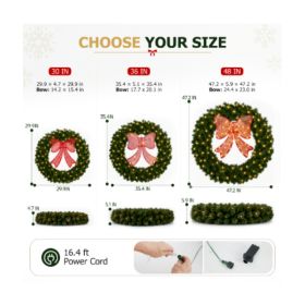 Pre-assembled Christmas Wreath, Equipped With Warm White LED Lights And Glowing Red Bows (Option: 48in)