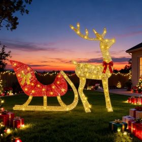 Christmas Reindeer & Sleigh Outdoor Decoration with Lights - 16.97ft LED String (Warm Yellow) 8 Modes, Sturdy Rustproof Iron Frame, Reusable Indo (Option: As Pic)