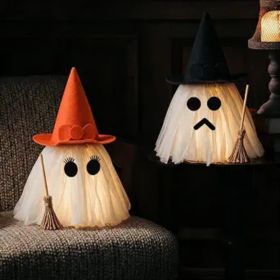 Halloween Decorations Set Of 2 Light Up Ghosts With Witch Hats  Spooky Glowing Table Centerpiece For Mantel, Dining Table, Party, Indoor Holiday (Option: White)