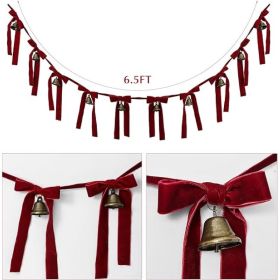 6.5-Foot Christmas Velvet Bow Garland With Red Velvet Ribbons And Vintage Bells, Classic Holiday Decoration For Mantel, Fireplace, Cabinet, Wall, (Option: Red)