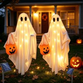 Solar Ghost Halloween Lights 2Pack Hanging Stake Yard Deco (Option: White)