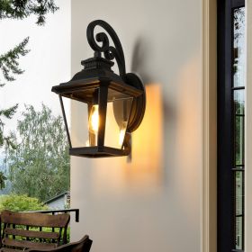 21"(H) 1-Pack Outdoor Wall Lantern Light – Vintage Black Metal & Clear Glass Sconce with Decorative Scroll Design for Porch, Patio, and Garden Li (Option: Black)