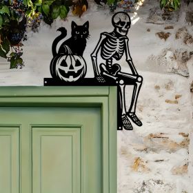 Skeleton Door Topper Halloween Decoration, Black Metal Skull Cat Pumpkin Door Frame Sign, Spooky Gothic Home Entrance Decor (Option: Skeleton Door Topper Decoratio-PLA-16.7  20 cm 6.57  7.87 inch)