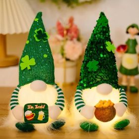 2PC St Patricks Day Gnomes with Lights- Sequins Hat Gnome Plush Decorations Home Table Ornament St. Patrick's Day Gift (Option: Green)