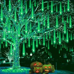 Halloween Lights Outdoor, Meteor Shower Christmas Lights For Halloween Decorations, 8 Tube 192 LED Snow Falling Rain Icicle String Light For Xmas (Option: Green)