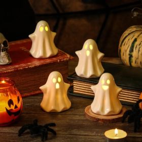 4PCS Ceramic Ghost Light Up Decor, Cute Ghost Halloween Decor, Small White Ghost Figurine Timer Led Ghost Figurines for Desk Tabletop Centerpiece (Option: White)