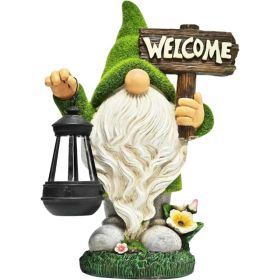 Garden Gnome Statue Outdoor Decor Large Flocked Resin Gnome Figurine With Solar Light Holding Lantern Welcome Sign Garden Yard Decorations Sculpt (Option: Green)
