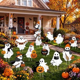 14 Pack Ghost Halloween Yard Signs With 30 Stakes, 15 X 12 Inch Outdoor Lawn Decorations For Garden, Yard, Porch & Party (Option: MULTI)