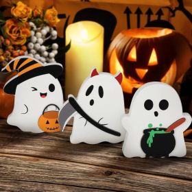 Halloween Decorations Indoor, Wooden Tiered Tray Decor Table Sign Set of 3, Black Cat Bat Witch Broom Signs Pumpkin Blocks for Party Home Shelf D (Option: C-Ghost)