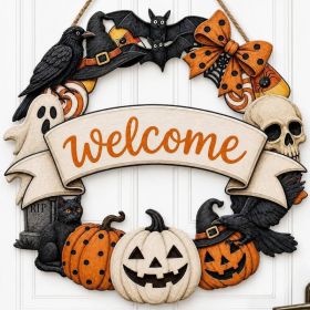 Halloween Welcome Wreath For Front Door, Wooden Pumpkin & Ghost Door Decor, Spooky Seasonal Wreath For Entryway, Porch & Home (Option: MULTI)