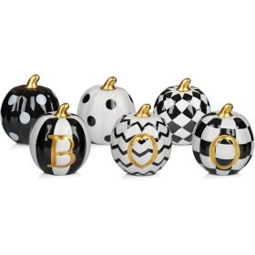Set Of 6 Ceramic Halloween Pumpkins, Decorative Pumpkin Figurines For Indoor Home, Tabletop, Shelf, Mantel & Seasonal Decor (Option: Black White and Gold)