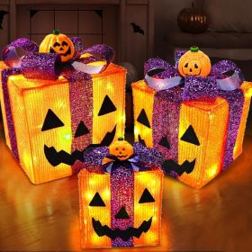 3 Pack Lighted Halloween Pumpkin Decorations Gift Box With 60 LED Lights Halloween Decor (Option: Orange)