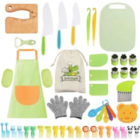50PCS Kids Kitchen Cooking Set - Crocodile Wooden Kid Safe Knife Cutting Board Apron Gloves Fruit Vegetable Crinkle Cutters Peeler Serrated Edges (Option: Crocodile 50pcs Set)