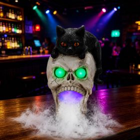 Not For Sale On Wayfair--- Halloween Black Cat Skull Statue With LED Light, Fog Smoke Effect Resin Decor (Option: Black White)