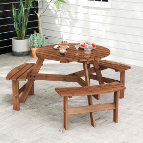 6-Person Round Picnic Table Set with 3 Built-in Benches and Umbrella Hole (Color: Brown)