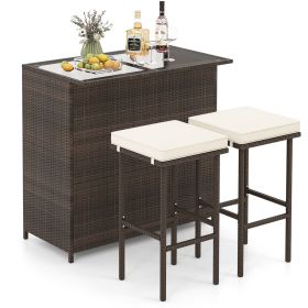 3 Pieces Outdoor Rattan Wicker Bar Set with 2 Cushions Stools (Color: Beige)