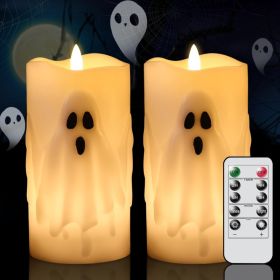 Halloween Ghost Flameless Pillar Candles Set Of 2 With Remote & Timer (Option: White)