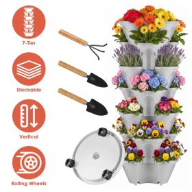 7 Tier Stackable Vertical Planter with Wheels Strawberry Planter Tower Space Saving Garden Planter with Drainage System Rolling Herb Flower Veget (Option: GREY)
