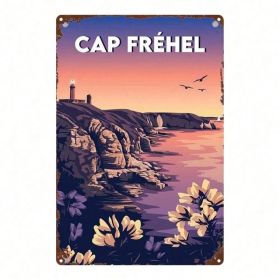 CIFbuy 1pc Vintage French Landscape Metal Sign, Cap Frehel Lighthouse Sunset 2D Flat Wall Art, Retro Decor For Home Bar Garage Club Caf TikTok, T (Option: defaulttitle)