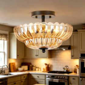 Semi Flush Mount Ceiling Light, Amber Glass Ceiling Light Fixture, 3-Bulb Modern Black Close to Ceiling Light, Vintage Glass Ceiling Lights for B (Option: Amber)
