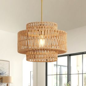 12.6 in Boho Rattan Chandelier Light Fixture,1-Light Hand Woven Pendant Light Fixture Farmhouse Rustic Hanging Lamp for Kitchen Island Bedroom, D (Option: BROWN)